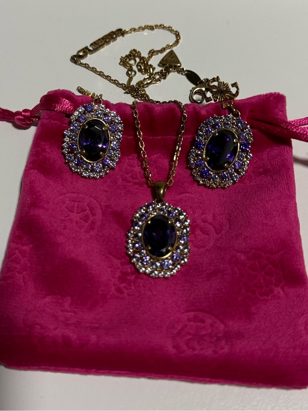 Guess Gold-Tone Necklace with Purple Crystal Pendant